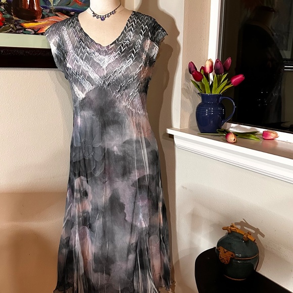 Komarov Dress & Eileen Fischer Silk Jacket Set - 50 Shades of Gray/ Blue/ Pink - Picture 4 of 14